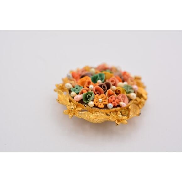 Vintage Oval Flower Pin Brooch Brushed Gold 3D Textured Petals Antique 60s BinB
